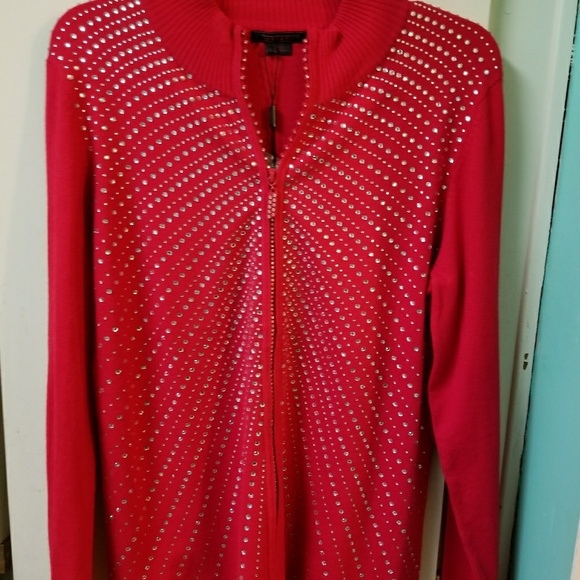 Red rhinestone zip frton sweater, L, NWT - Picture 7 of 8
